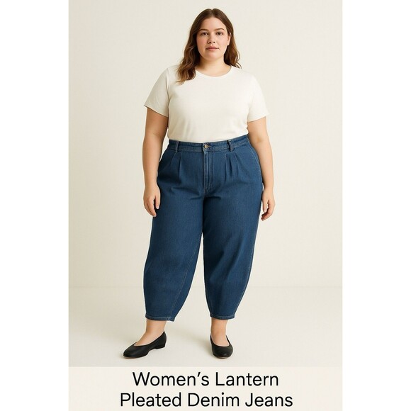 Eileen Fisher Women’s Lantern Pleated Denim Jeans | Blue Wide Leg Barrel Size 14 - Picture 1 of 10